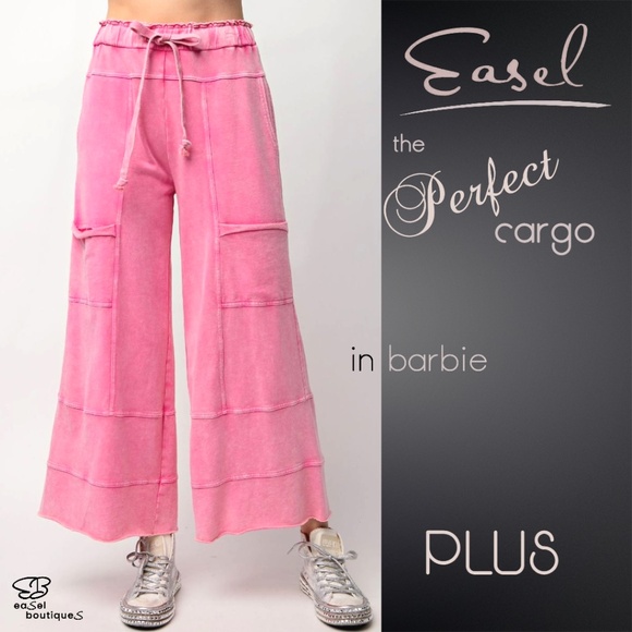 easel Pants - EASEL "Perfect Cargo" Terry Knit Mineral Washed Flared Leg Pants Raw Hem & Seams